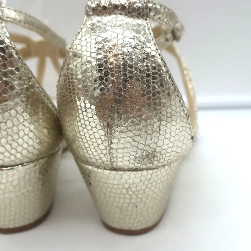 Jimmy Choo Michiko Keilabsatz-Sandalen Gold Metallisch Gecracktes Leder Größe 38