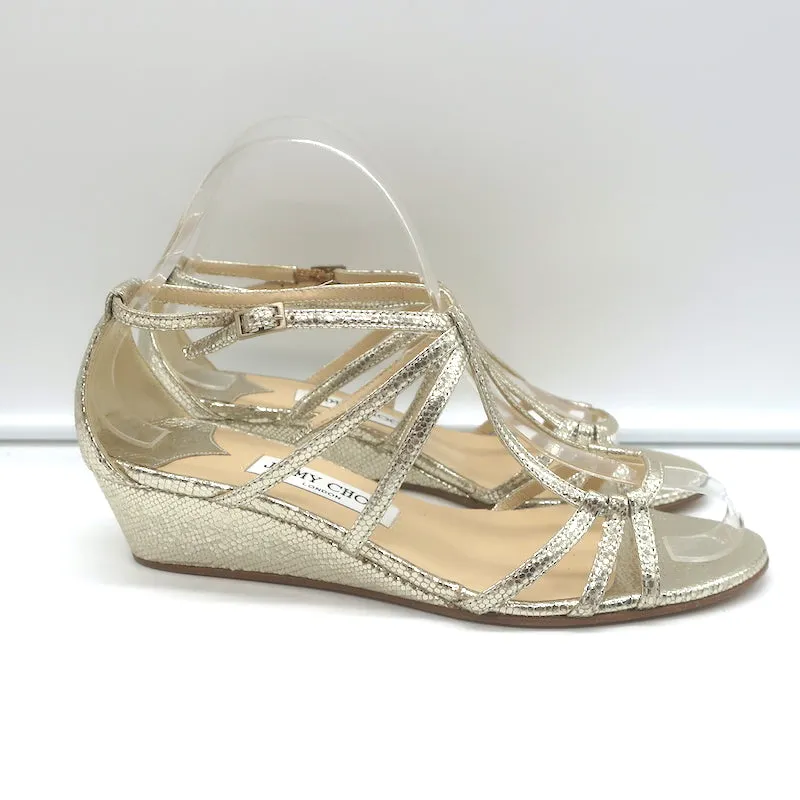 Jimmy Choo Michiko Keilabsatz-Sandalen Gold Metallisch Gecracktes Leder Größe 38