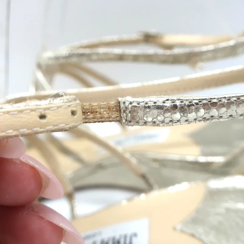 Jimmy Choo Michiko Keilabsatz-Sandalen Gold Metallisch Gecracktes Leder Größe 38
