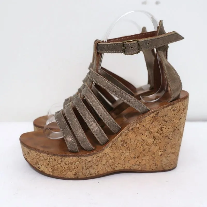 K.Jacques Gladiator Keilabsatz-Sandalen aus Bronze-metallic Wildleder Größe 37