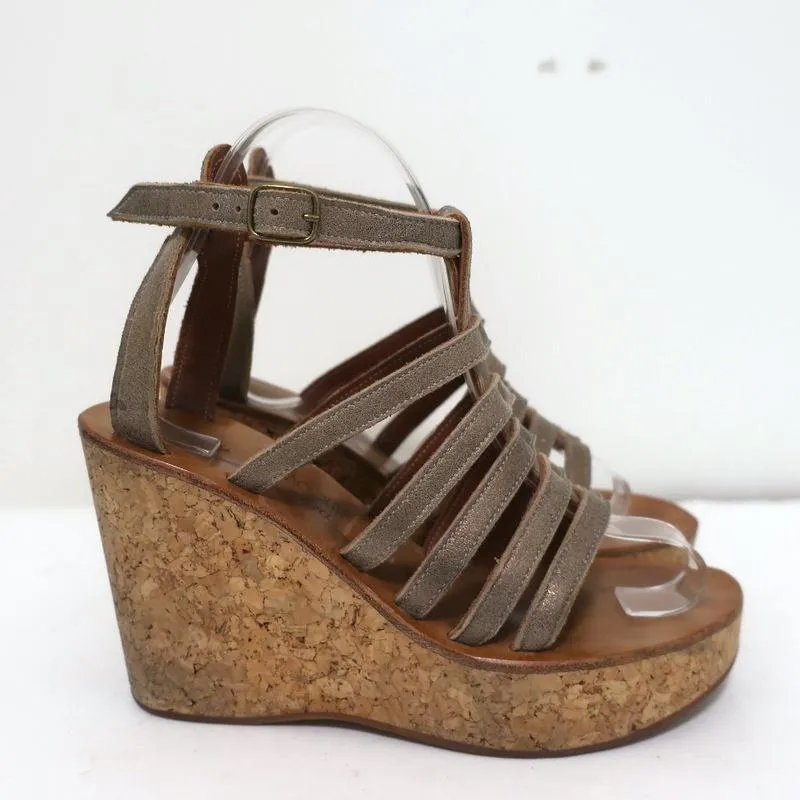 K.Jacques Gladiator Keilabsatz-Sandalen aus Bronze-metallic Wildleder Größe 37