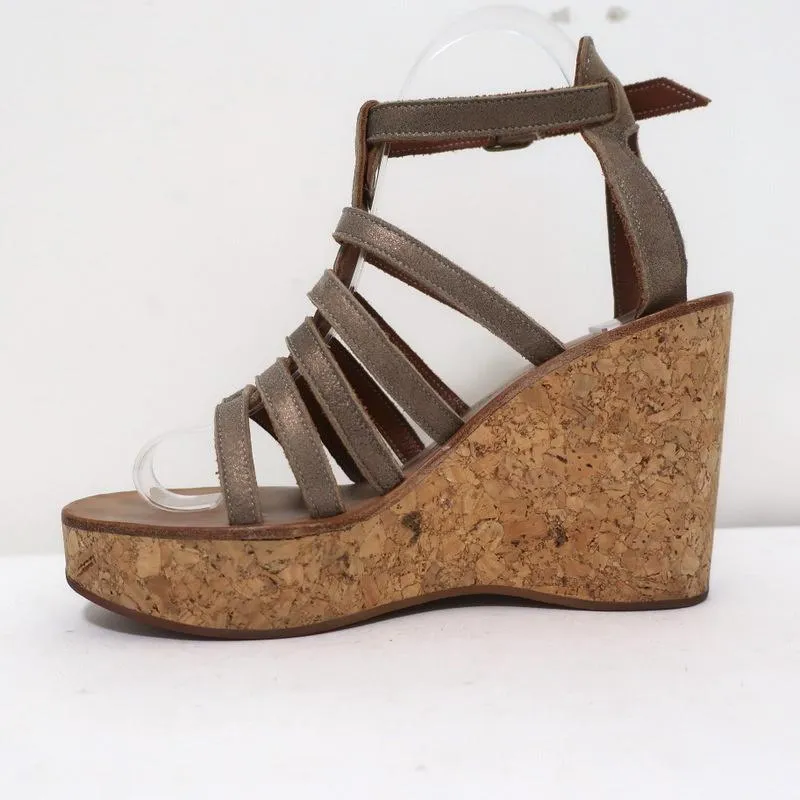 K.Jacques Gladiator Keilabsatz-Sandalen aus Bronze-metallic Wildleder Größe 37
