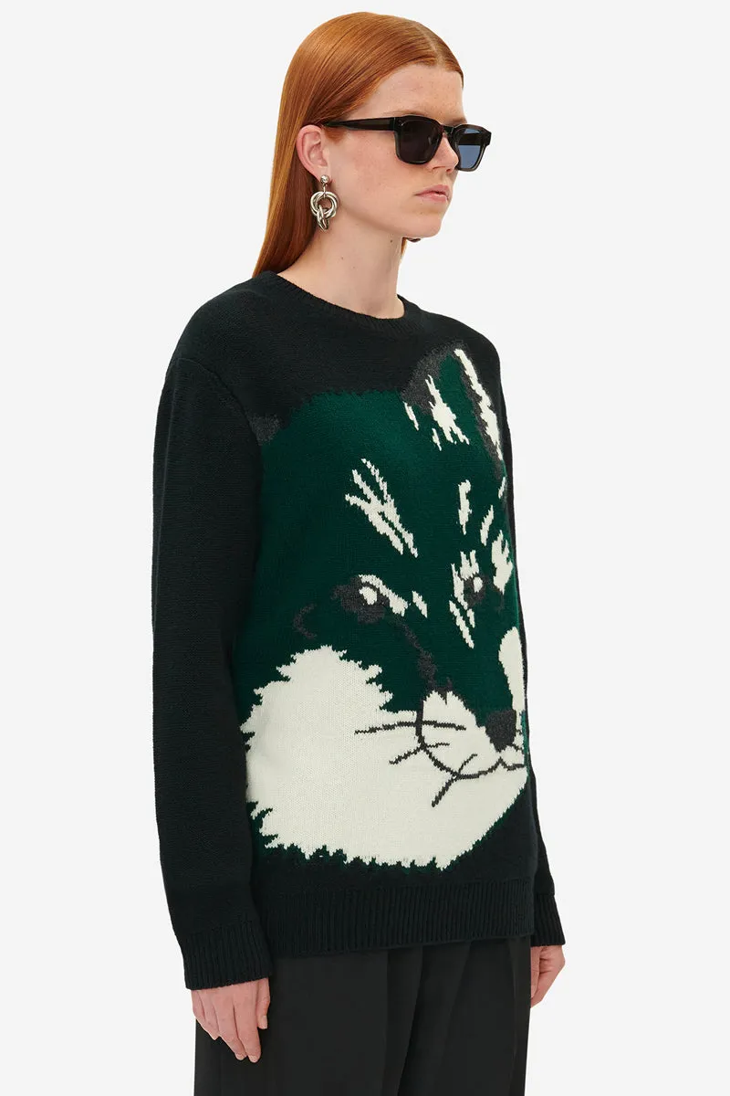 Maison Kitsuné Übergroßer Fuchs-Kopf-Jacquard-Pullover Schwarz