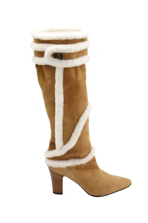 Manolo Blahnik Cluntius Stiefel mit Schaffellbesatz in Braunem Wildleder
