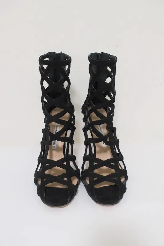 Manolo Blahnik Vagibuzip Cage Booties Schwarz Ausgeschnitten Wildleder Größe 40.5 Offene Zehen Absatz