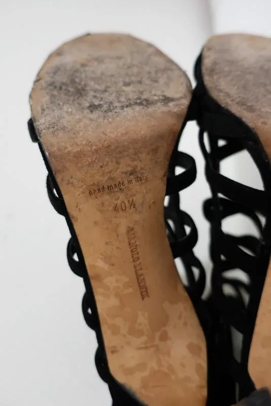 Manolo Blahnik Vagibuzip Cage Booties Schwarz Ausgeschnitten Wildleder Größe 40.5 Offene Zehen Absatz