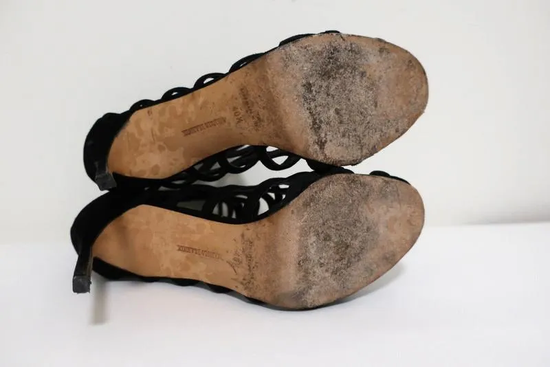 Manolo Blahnik Vagibuzip Cage Booties Schwarz Ausgeschnitten Wildleder Größe 40.5 Offene Zehen Absatz