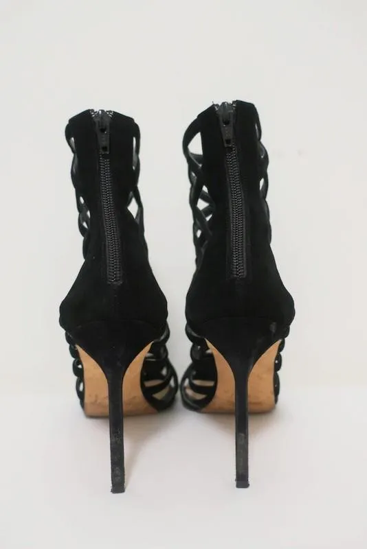 Manolo Blahnik Vagibuzip Cage Booties Schwarz Ausgeschnitten Wildleder Größe 40.5 Offene Zehen Absatz