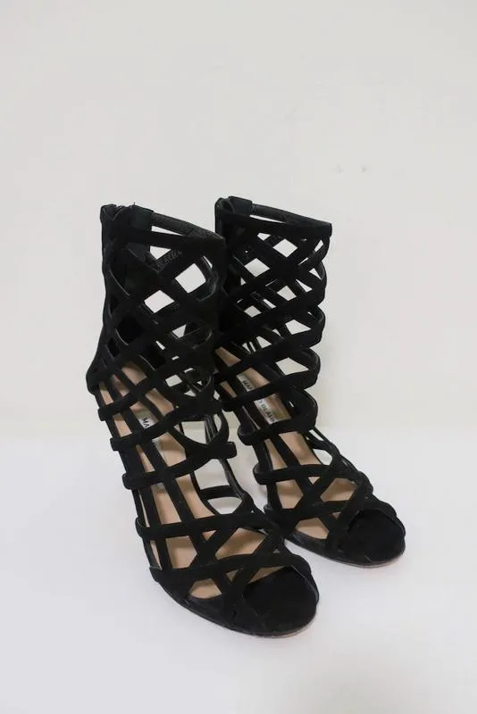 Manolo Blahnik Vagibuzip Cage Booties Schwarz Ausgeschnitten Wildleder Größe 40.5 Offene Zehen Absatz