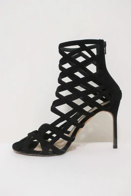 Manolo Blahnik Vagibuzip Cage Booties Schwarz Ausgeschnitten Wildleder Größe 40.5 Offene Zehen Absatz