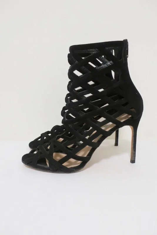 Manolo Blahnik Vagibuzip Cage Booties Schwarz Ausgeschnitten Wildleder Größe 40.5 Offene Zehen Absatz