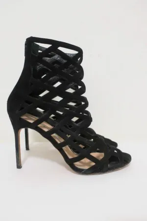 Manolo Blahnik Vagibuzip Cage Booties Schwarz Ausgeschnitten Wildleder Größe 40.5 Offene Zehen Absatz