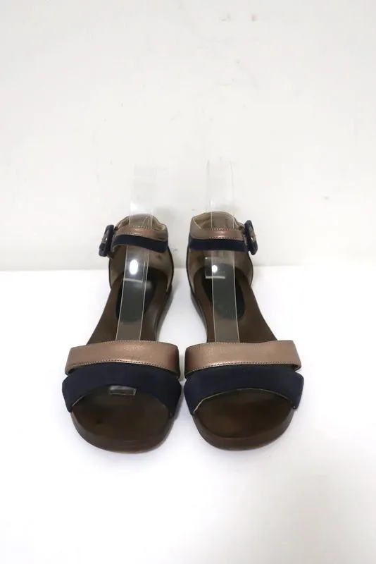 Manni Riemchensandalen Bronze Leder & Marine Wildleder Größe 36.5 Spitzen offen Flats