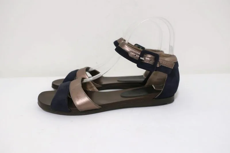 Manni Riemchensandalen Bronze Leder & Marine Wildleder Größe 36.5 Spitzen offen Flats