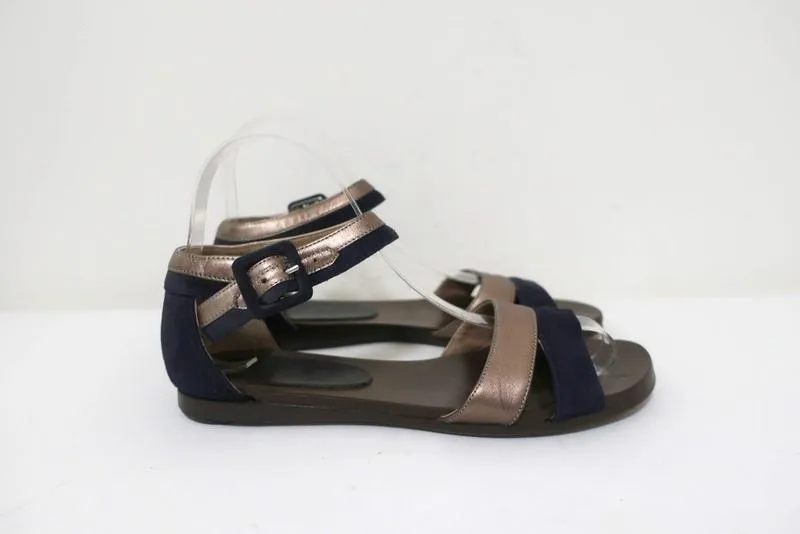 Manni Riemchensandalen Bronze Leder & Marine Wildleder Größe 36.5 Spitzen offen Flats