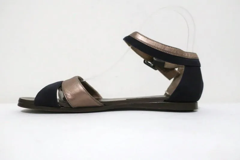 Manni Riemchensandalen Bronze Leder & Marine Wildleder Größe 36.5 Spitzen offen Flats