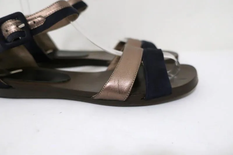 Manni Riemchensandalen Bronze Leder & Marine Wildleder Größe 36.5 Spitzen offen Flats