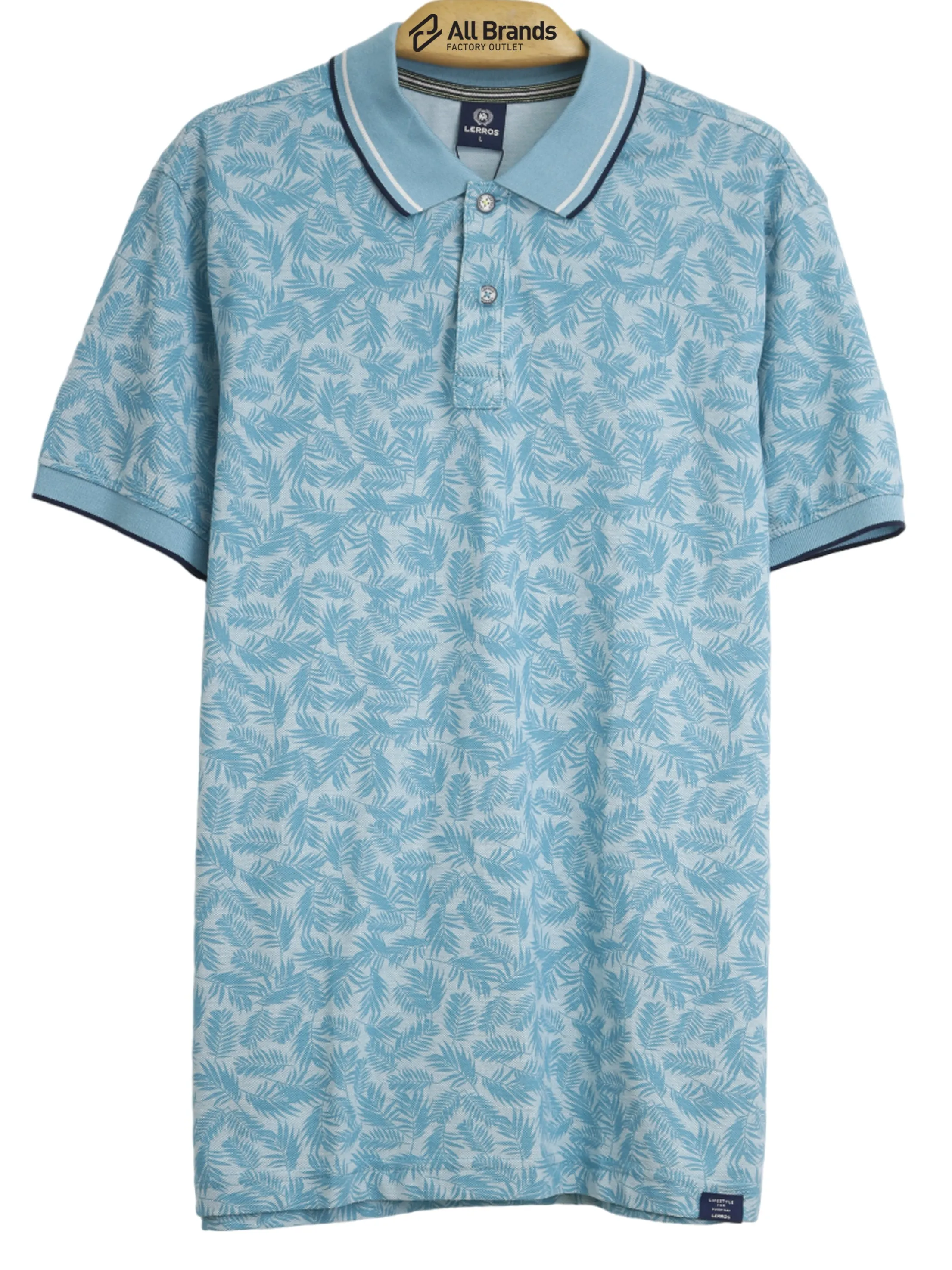 Herren Polohemd mit Blattmuster, Hellblau