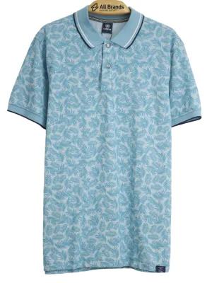 Herren Polohemd mit Blattmuster, Hellblau