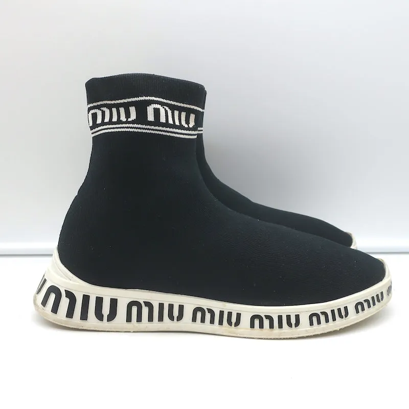Miu Miu Logo Socken-Sneakers Schwarz Dehnbare Strickware Größe 38