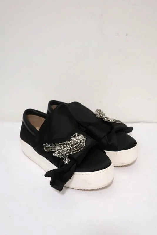 Nr. 21 Bogen-Sneaker Schwarz Satin mit Kristallverzierungen Größe 36,5 Slip-On Plateauabsatz