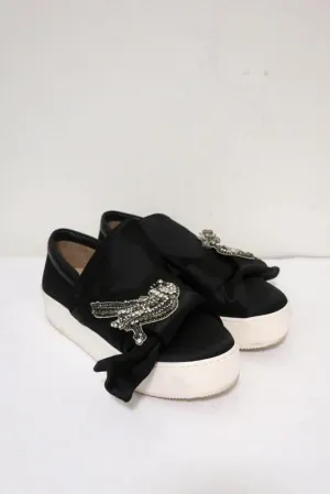 Nr. 21 Bogen-Sneaker Schwarz Satin mit Kristallverzierungen Größe 36,5 Slip-On Plateauabsatz