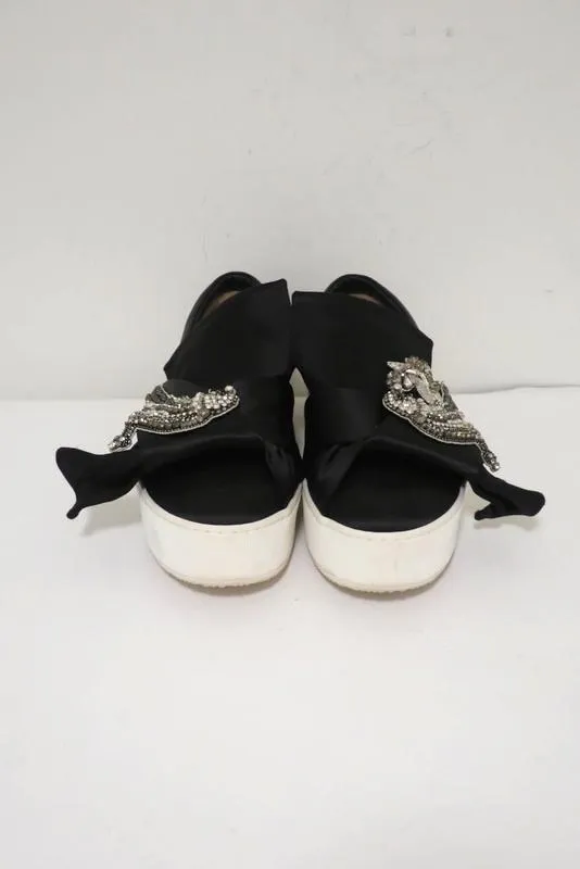Nr. 21 Bogen-Sneaker Schwarz Satin mit Kristallverzierungen Größe 36,5 Slip-On Plateauabsatz