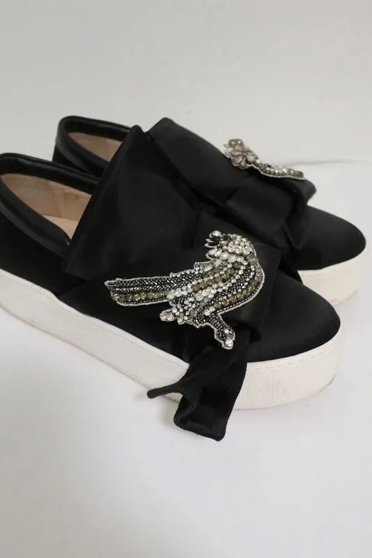 Nr. 21 Bogen-Sneaker Schwarz Satin mit Kristallverzierungen Größe 36,5 Slip-On Plateauabsatz
