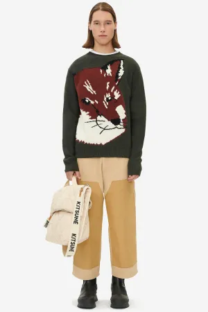 Übergroßer Fuchs-Kopf-Jacquard-Pullover Khaki Grau