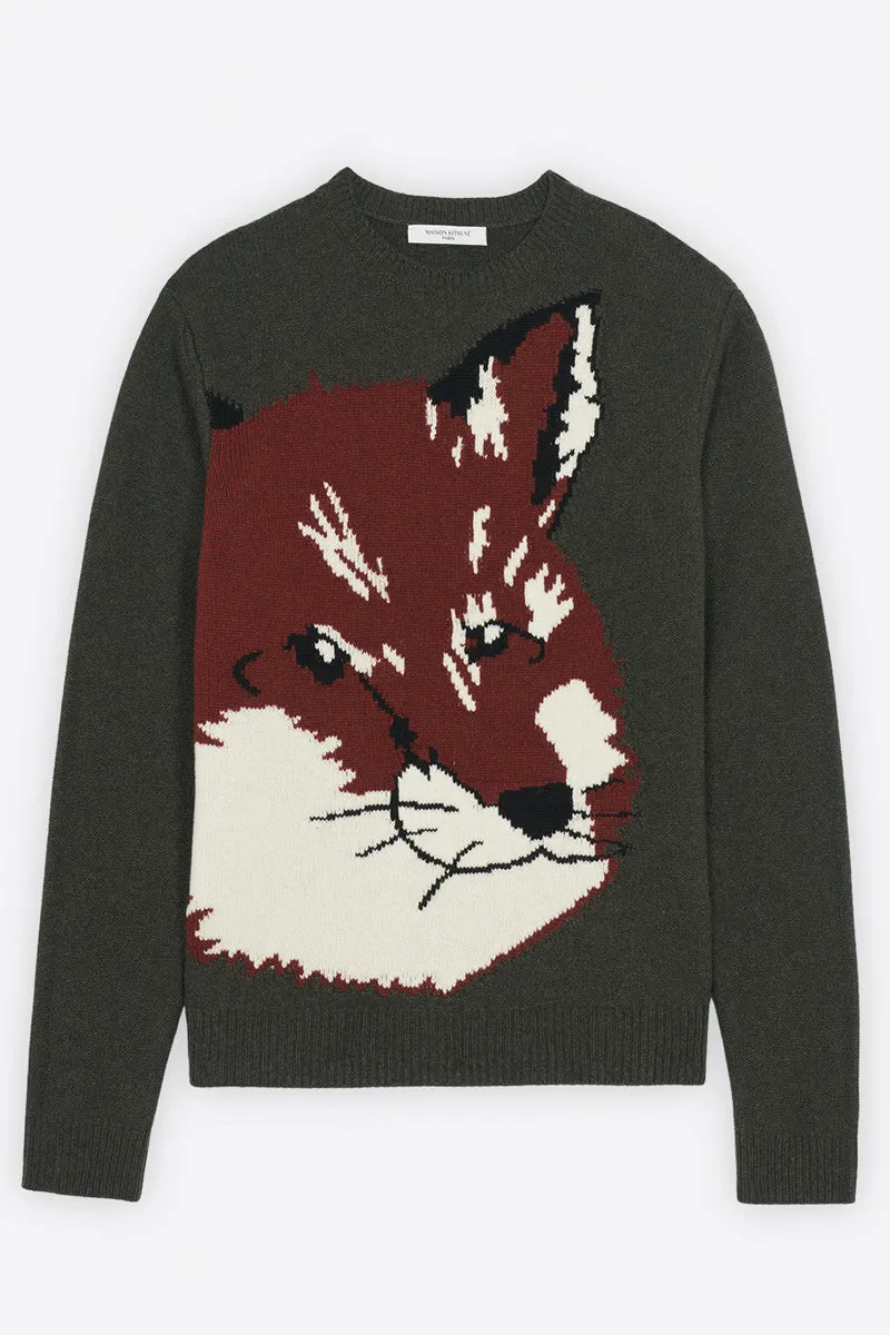 Übergroßer Fuchs-Kopf-Jacquard-Pullover Khaki Grau