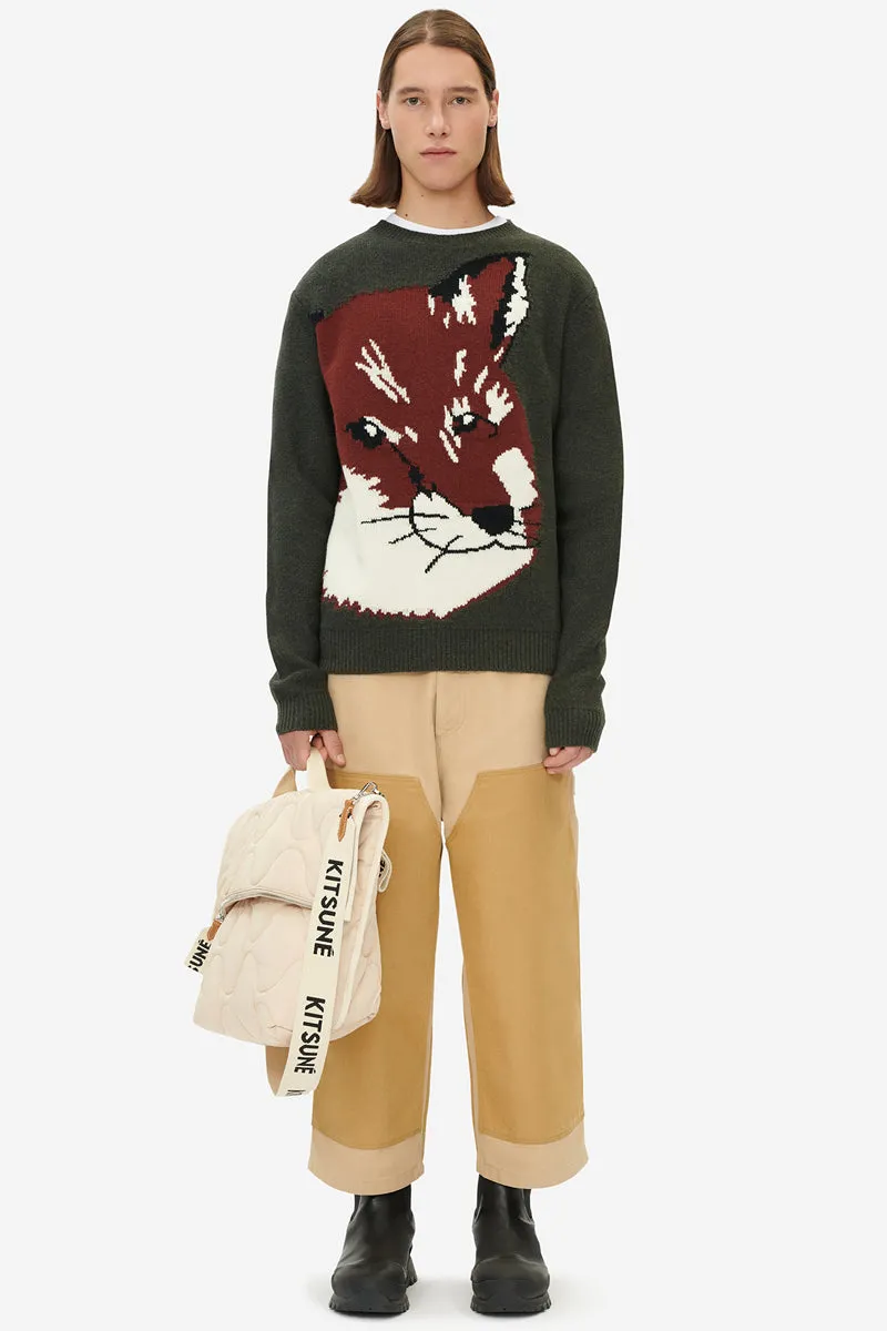 Übergroßer Fuchs-Kopf-Jacquard-Pullover Khaki Grau