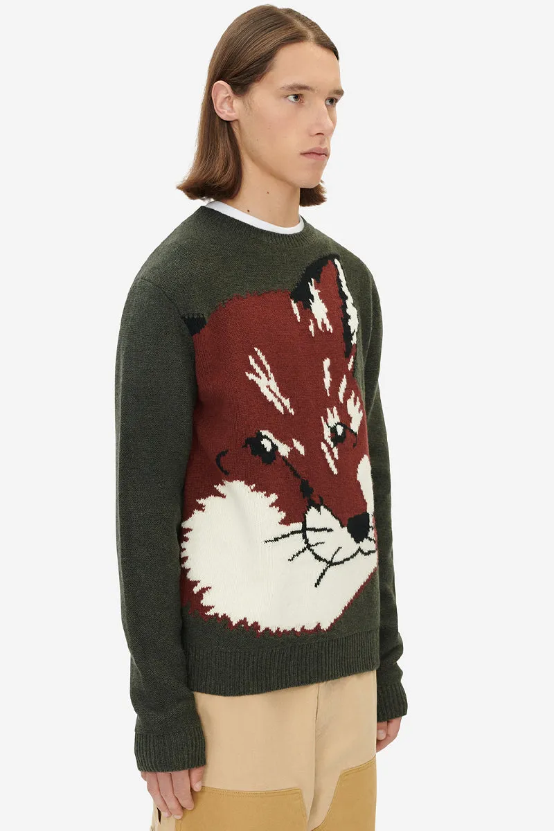 Übergroßer Fuchs-Kopf-Jacquard-Pullover Khaki Grau