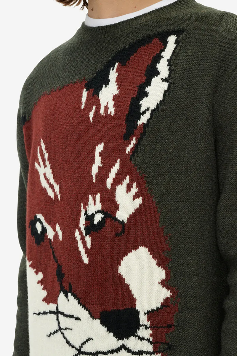 Übergroßer Fuchs-Kopf-Jacquard-Pullover Khaki Grau