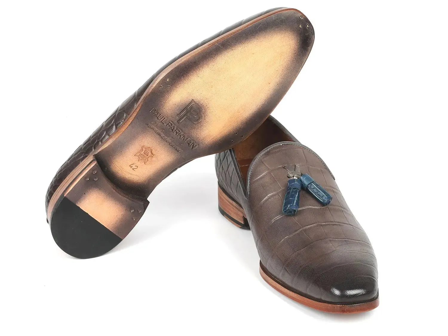 Paul Parkman Schuhe Paul Parkman Herren-Graue Mokassins mit Quaste aus Krokodilprägung-Kalbsleder