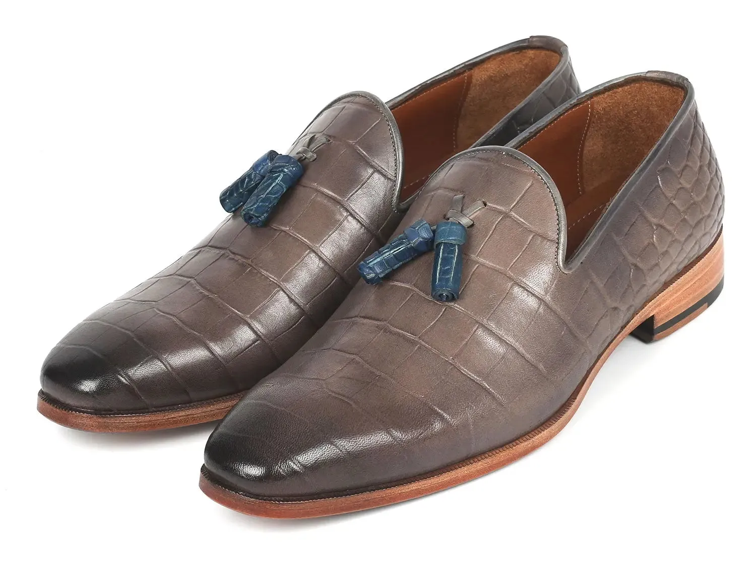 Paul Parkman Schuhe Paul Parkman Herren-Graue Mokassins mit Quaste aus Krokodilprägung-Kalbsleder