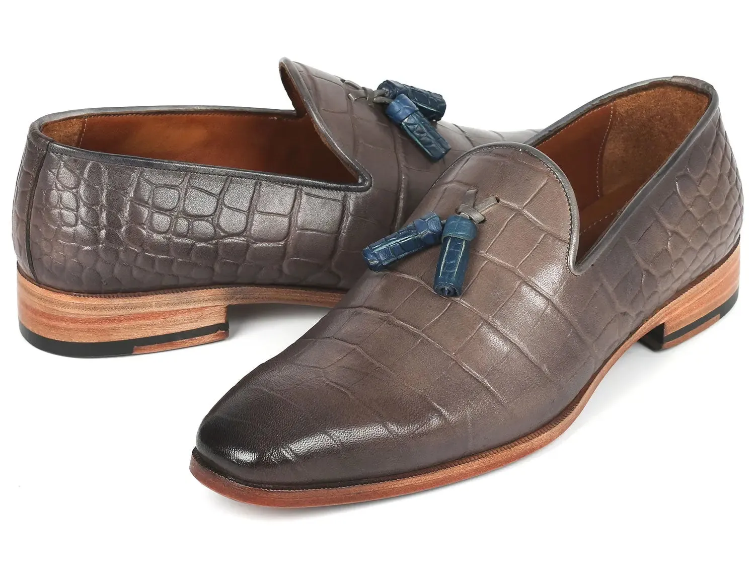 Paul Parkman Schuhe Paul Parkman Herren-Graue Mokassins mit Quaste aus Krokodilprägung-Kalbsleder