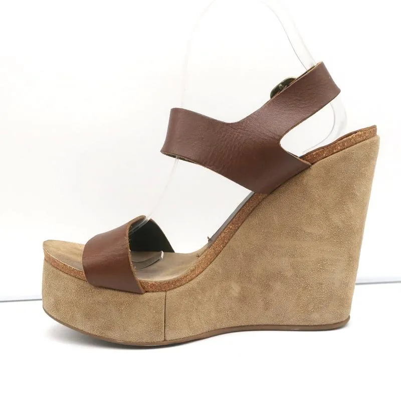 Pedro Garcia Plateau-Keilabsatz Sandalen Braun Leder Größe 40 Knöchelriemen High Heels