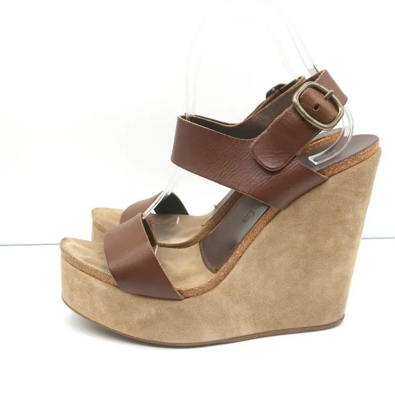Pedro Garcia Plateau-Keilabsatz Sandalen Braun Leder Größe 40 Knöchelriemen High Heels
