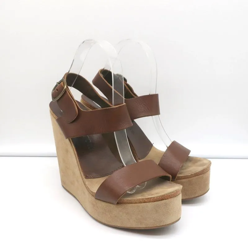 Pedro Garcia Plateau-Keilabsatz Sandalen Braun Leder Größe 40 Knöchelriemen High Heels