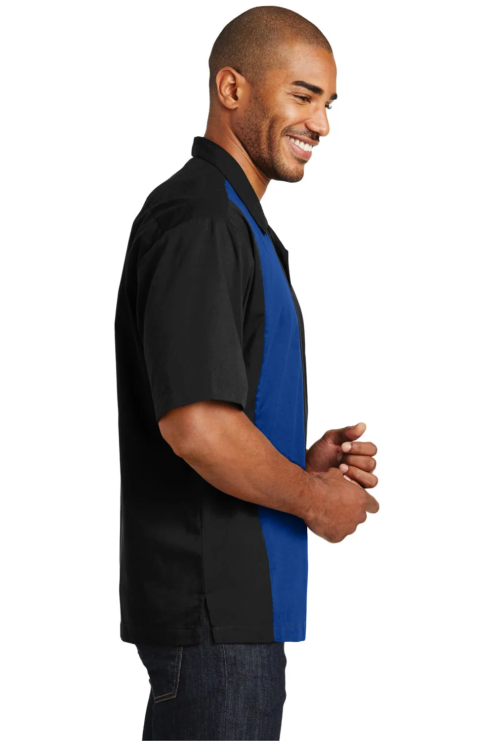 Port Authority Herren Retro Easy Care Knitterfrei Kurzarmhemd Camp Shirt - Schwarz/Königsblau - Auslaufmodell