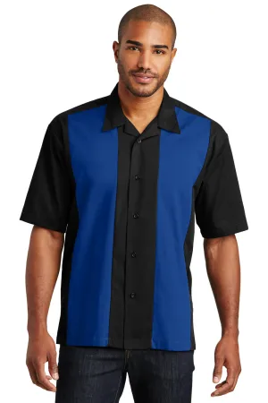 Port Authority Herren Retro Easy Care Knitterfrei Kurzarmhemd Camp Shirt - Schwarz/Königsblau - Auslaufmodell