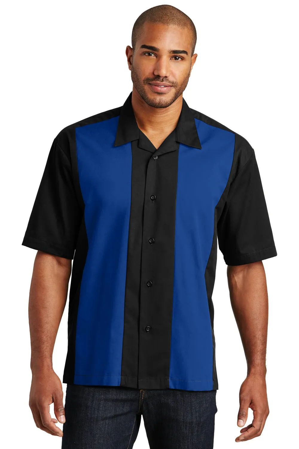 Port Authority Herren Retro Easy Care Knitterfrei Kurzarmhemd Camp Shirt - Schwarz/Königsblau - Auslaufmodell