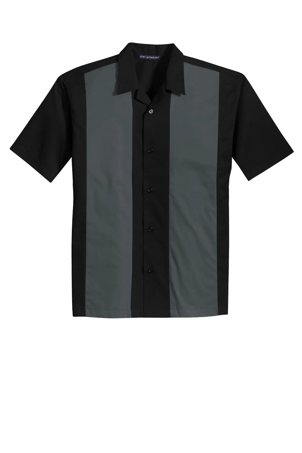 Port Authority Herren Retro Easy Care Knitterfrei Kurzarm Button-Down Camp Hemd - Schwarz/Stahlgrau - Auslaufmodell