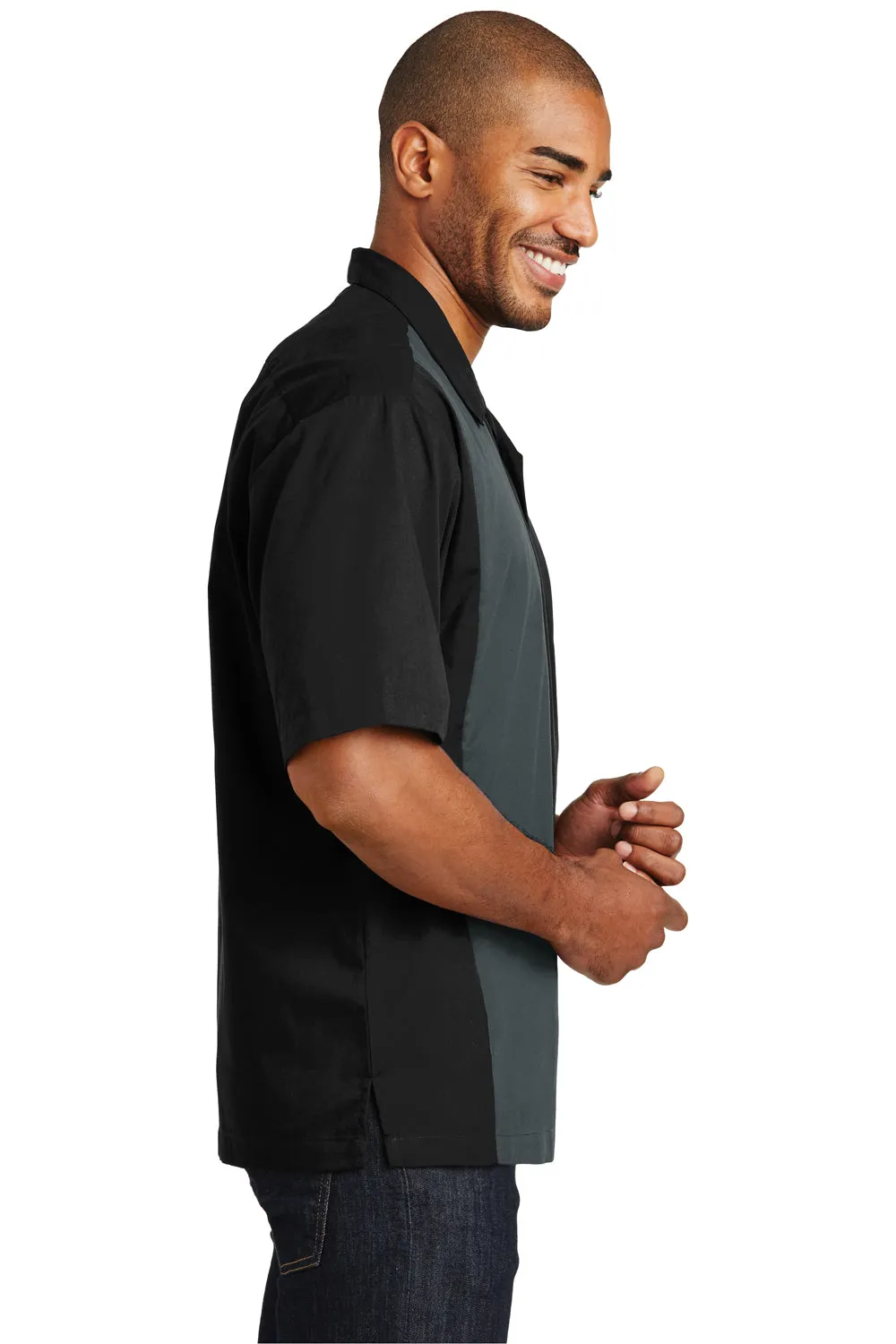 Port Authority Herren Retro Easy Care Knitterfrei Kurzarm Button-Down Camp Hemd - Schwarz/Stahlgrau - Auslaufmodell