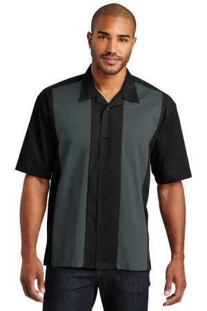 Port Authority Herren Retro Easy Care Knitterfrei Kurzarm Button-Down Camp Hemd - Schwarz/Stahlgrau - Auslaufmodell